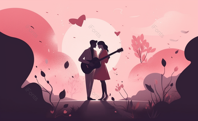 唯美浪漫情侣扁平卡通风弹吉他音乐手绘插画,插画/手绘图,插画/手绘图库,插画/手绘图下载,插画/手绘